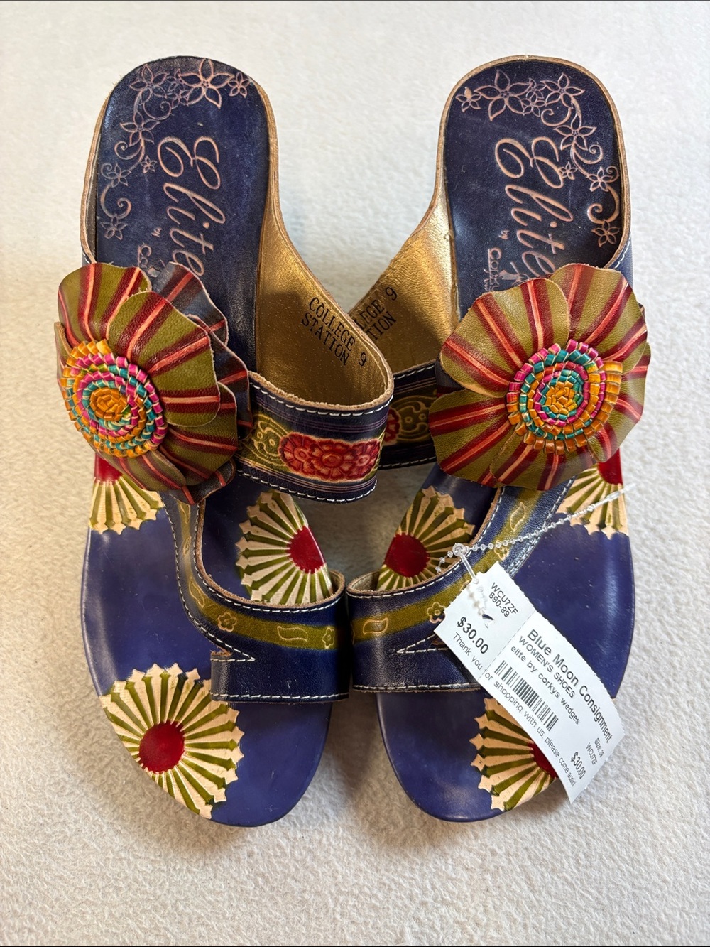 Elite Collection Navy Floral Embellished Slide Sandals with Multicolor Rosettes